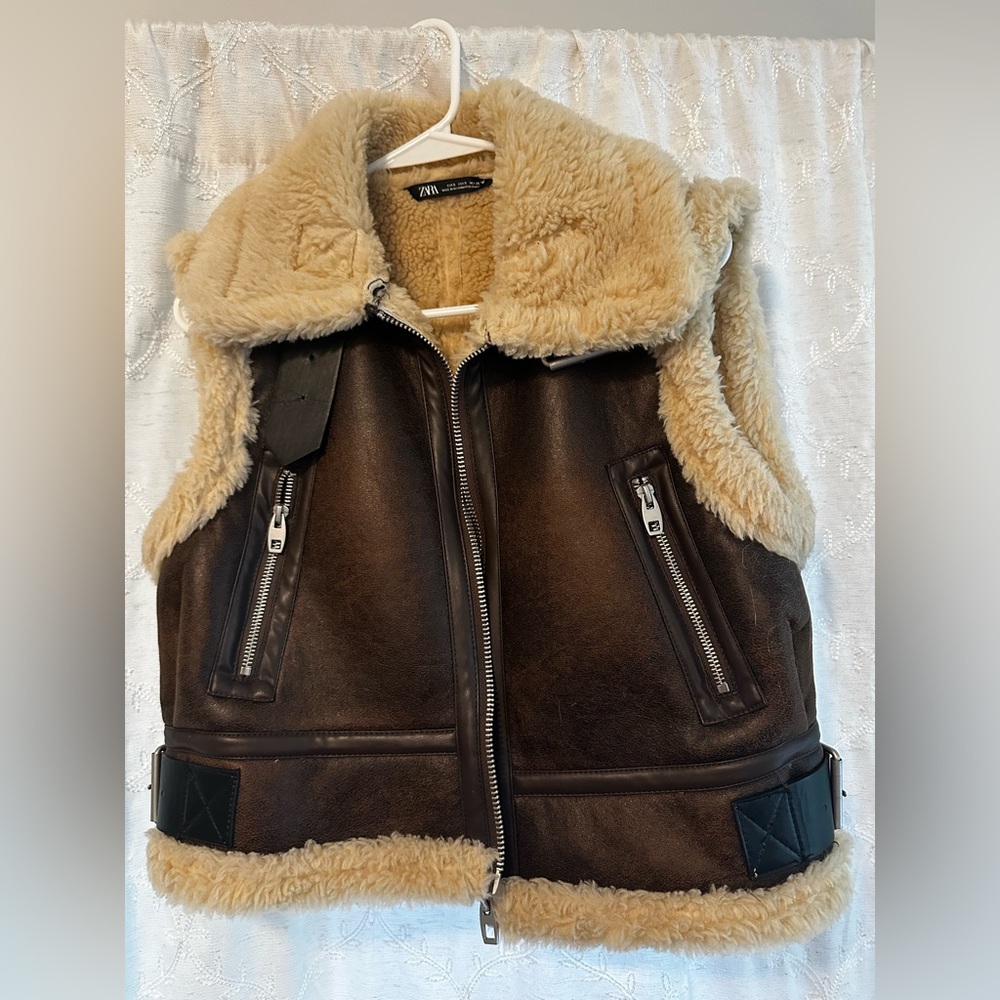 Zara Brown Shearling-Lined Faux Leather Vest with Cream Fur Trim